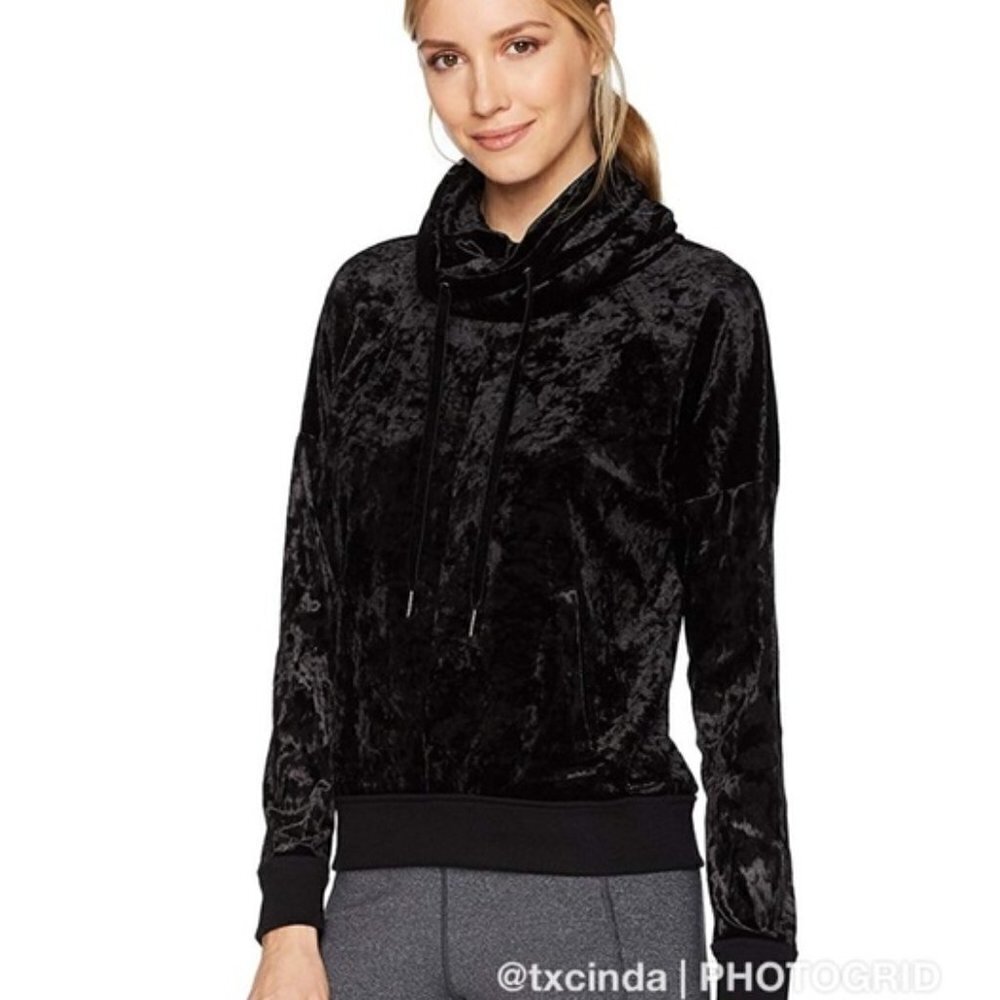Betsey Johnson Black Crushed Velvet Velour Drawstring Funnel Neck Pullover
